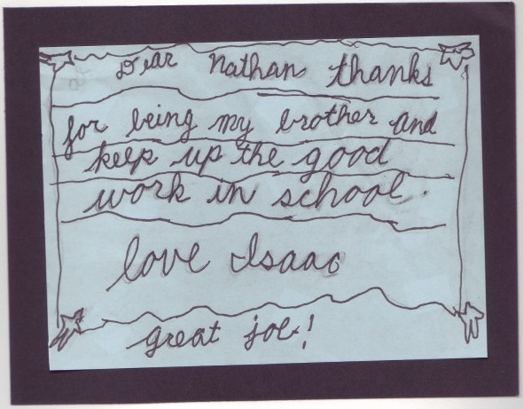 Have you ever seen anything more precious in your life? A little brother offers wisdom, "keep up the good work in school." What wonderful memories this evokes. 